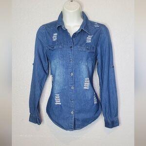 💚5/$25 Chambray Denim Distressed Button-Up Shirt Roll Tab Sleeve Blouse Small